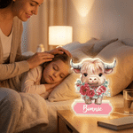Personalised Highland Cow Birth Flower LED Acrylic Night Light with Name Room Decor Birthday Children's Day Gift for Boys Girls