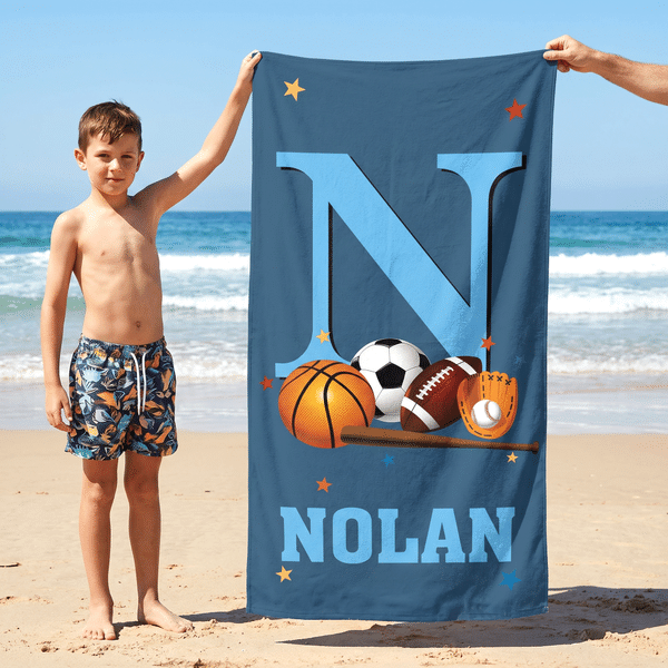 Personalized Sports Balls Initial Star Quick Dry Oversized Beach Towel with Name Beach Party Summer Vacation Gift for Sports Lovers Kids