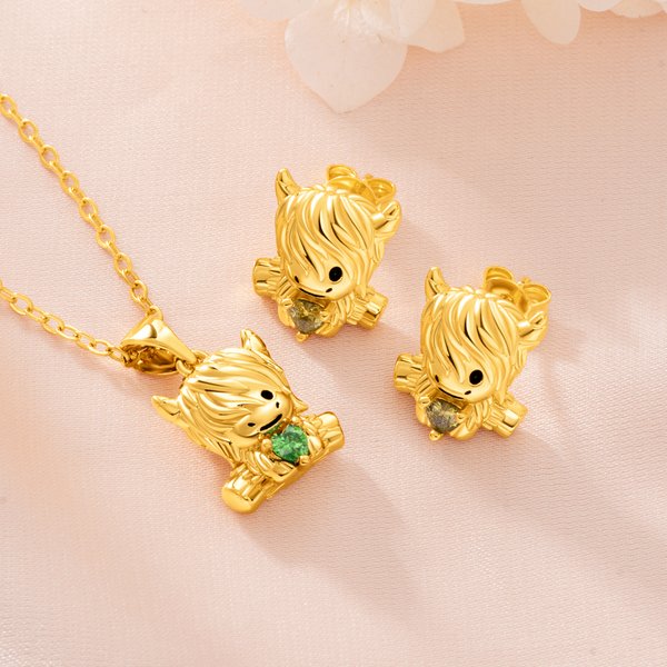 Personalised Highland Cow Love Birthstone Necklace Earrings Dainty Jewellery Daily Wear Birthday Gift for Women Highland Cow Lovers