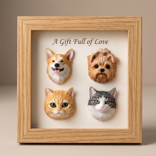 Sculpture de tête d'animal de compagnie 3D personnalisée Cadre magnétique en bois avec texte Décoration de bureau Cadeau d'anniversaire pour les amoureux des chats, des chiens et des animaux de compag
