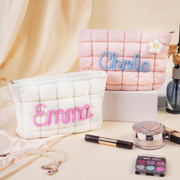 Personalized Multicolor Flower Lollipop Design Quilted Makeup Bag with Winding Name Travel Essential Birthday Gift for Women