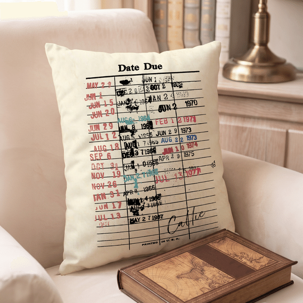 Personalised Vintage Library Card Soft Rectangular Cushion Cover Study Space Decor Birthday Gift for Book Lover Reader
