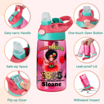 Personalised Cartoon Character Name 16 oz Kid's Water Bottle with Silicone Straw and Handle Juneteenth Gift for Black Boys Girls