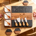 Personalized King of The Grill Acacia Marble 11 Pcs Cutting Board Coaster Set with Bowl and Spoon Father's Day Gift for Dad Grandpa