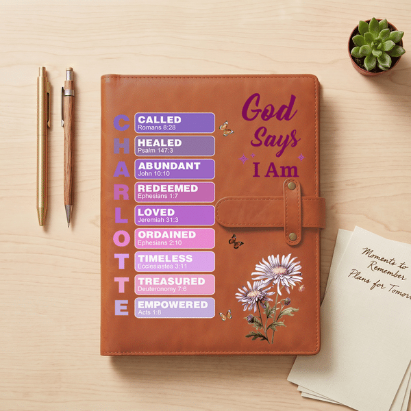 Personalized God Says I Am Birth Flower Butterfly PU Leather A5 Notebook Cover with Name Daily Travel Use Birthday Gift for Women Christians