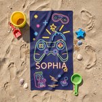 Personalized Bold Neon Gaming Graphic Quick Dry Oversized Beach Towel with Name Summer Vacation Beach Party Birthday Gift Gamers Kids