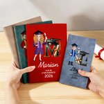 Personalizado Cartoon Graduación Nombre del personaje A5 A6 PU Cuaderno de cuero con el año y el texto Cumpleaños Regalo de graduación para los graduados