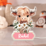 Personalised Highland Cow Birth Flower LED Acrylic Night Light with Name Room Decor Birthday Children's Day Gift for Boys Girls