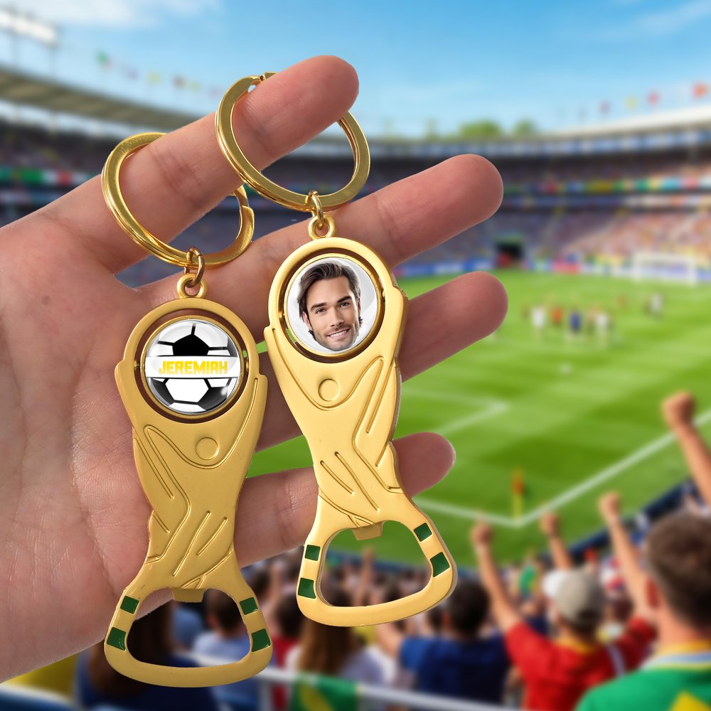 Personalized World Cup Trophy Photo Design Bottle Opener Keychain with Name and Number Sports Memorabilia Birthday Father's Day Gift for Soccer Fans 3