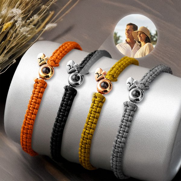 Gepersonaliseerde foto projectie gevlochten armband met initiaal en verstelbare koord Valentijnsdag verjaardagscadeau voor familie vrienden
