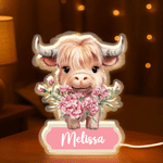Personalised Highland Cow Birth Flower LED Acrylic Night Light with Name Room Decor Birthday Children's Day Gift for Boys Girls