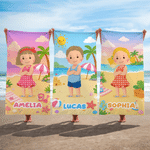 Personalized Cartoon Beach Kid Character Oversized Quick Dry Beach Towel with Name Birthday Summer Vacation Birthday Pool Party Gift for Boys Girls