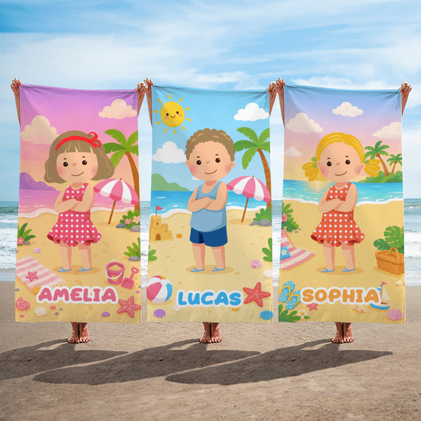 Personalized Cartoon Beach Kid Character Oversized Quick Dry Beach Towel with Name Birthday Summer Vacation Birthday Pool Party Gift for Boys Girls