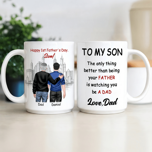 Personalised Father and Son Silhouette Ceramic Coffee Mug with Name Father's Day Birthday Gift for Dad Son