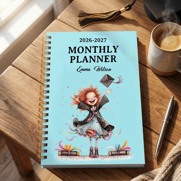Personalized Cartoon Graduate Girl 2026-2028 Planner Spiral A5 Notebook with Year and Name Birthday Gift for Graduates