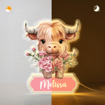Personalised Highland Cow Birth Flower LED Acrylic Night Light with Name Room Decor Birthday Children's Day Gift for Boys Girls