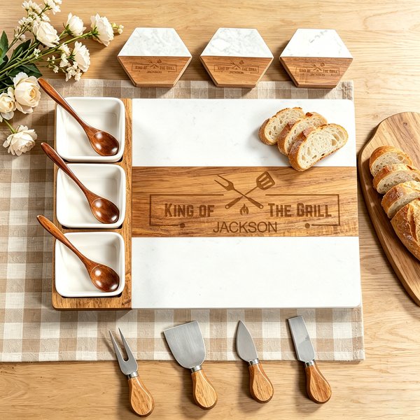 Personalized King of The Grill Acacia Marble 11 Pcs Cutting Board Coaster Set with Bowl and Spoon Father's Day Gift for Dad Grandpa