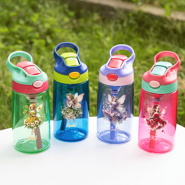 Personalized Birth Flower Fairy 16 oz Water Bottle with Name Straw and Handle Back to School Birthday Holiday Gift for Girls