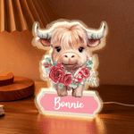 Personalised Highland Cow Birth Flower LED Acrylic Night Light with Name Room Decor Birthday Children's Day Gift for Boys Girls