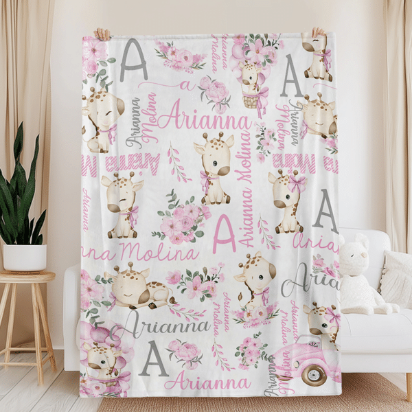 Personalizado lindo floral jirafa suave manta con la inicial y el nombre de la guardería Decoración Baby Shower Cumpleaños Regalo para los niños recién nacidos