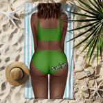 Personalized Multicolour Cartoon Fashion Girl Back View Striped Oversized Quick Dry Beach Towel with Name Beach Party Funny Birthday Gift for Her