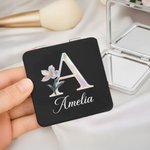 Personalised Pearl Effect Birth Flower Anti‑Fingerprint Shell Double-Sided 1X 2X Makeup Pocket Mirror with Name Birthday Travel Gift for Women