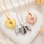 Personalized Angel Wing Heart Birthstone Necklace with Photo Anniversary Birthday Gift for Mom Wife