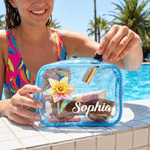 Personalised Neon Birth Flower Clear Makeup Bag with Zipper and Name Waterproof Travel Accessory Birthday Beach Party Gift for Girl