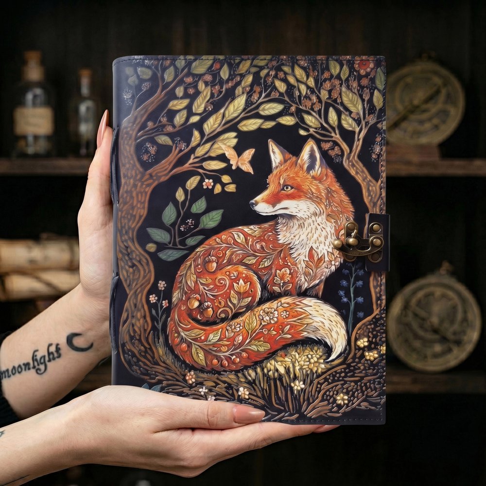Personalised Forest Fox Witchcraft Grimoire PU Leather Journal Notebook Card Pack Pen Set with Lock Custom Text 300 Kraft Pages Retro Diary Gift 3