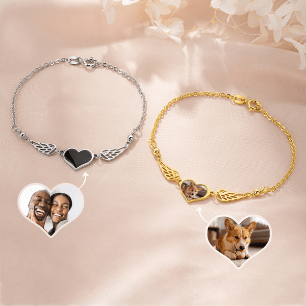 Braccialetto fotografico personalizzato con ali d'angelo e cuore attivato dal calore con testo inciso Regalo commemorativo di simpatia per donne che possiedono un animale domestico