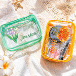 Personalised Neon Birth Flower Clear Makeup Bag with Zipper and Name Waterproof Travel Accessory Birthday Beach Party Gift for Girl