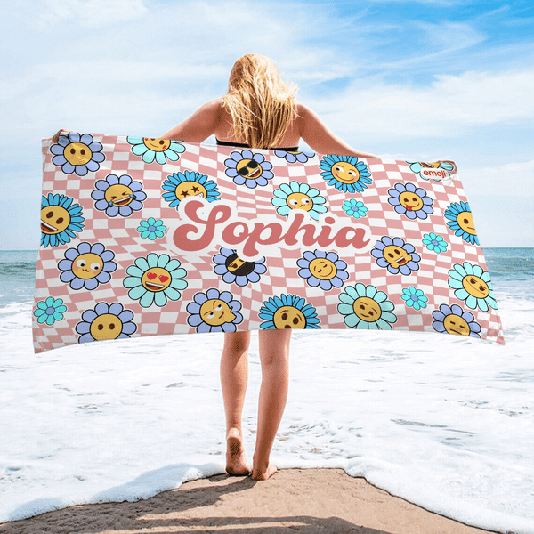 Personalized Multicolour Plaid Flower Smile emoji Quick Dry Microfiber Beach Towel with Name Summer Birthday Gift for Friends Girls | Callie × emoji ™