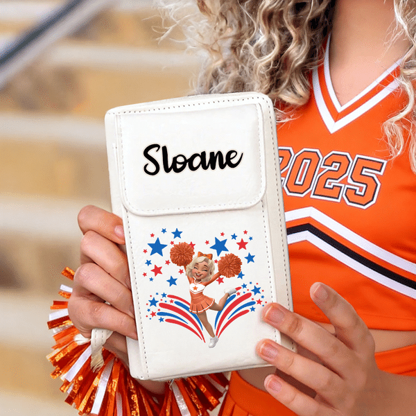 Personalizzato Multicolore Cheerleading Girl PU Leather Phone Wallet Crossbody Bag with Name Birthday Team Gift for Her