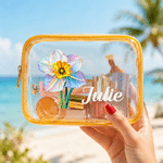 Personalised Neon Birth Flower Clear Makeup Bag with Zipper and Name Waterproof Travel Accessory Birthday Beach Party Gift for Girl