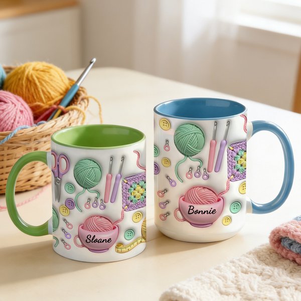 Personalized Yarn Crochet Hook Scissors Knitted Pattern Ceramic Mug with Coaster and Name Birthday Mother's Day Gift for Grandma Knitting Lover