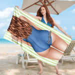 Personalized Multicolour Cartoon Fashion Girl Back View Striped Oversized Quick Dry Beach Towel with Name Beach Party Funny Birthday Gift for Her