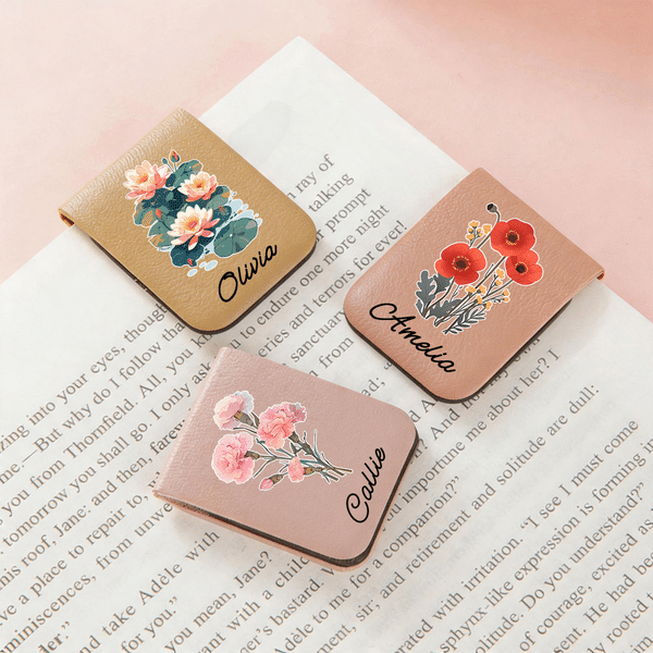 Personalised Watercolor Birth Flower Magnetic PU Leather Bookmark Clip with Name Birthday Graduation Book Club Gift for Book Lovers Bookworms