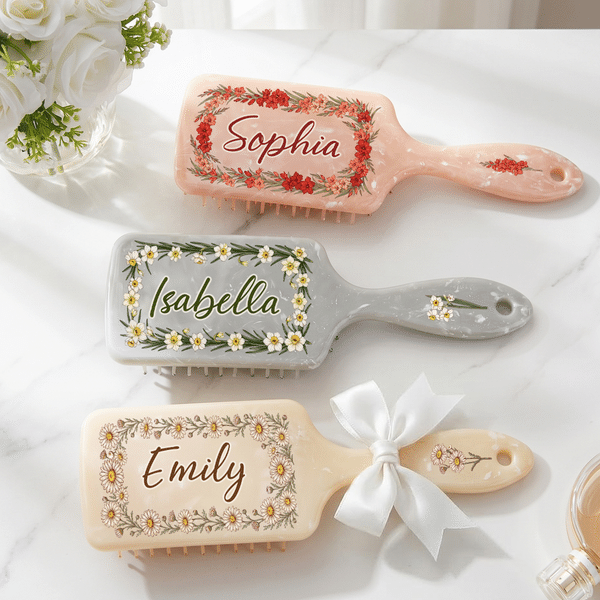 Personalised Birth Flower Anti-Static Massage Comb with Name and Ribbon Bow Anniversary Birthday Gift for Woman Girl Daughter
