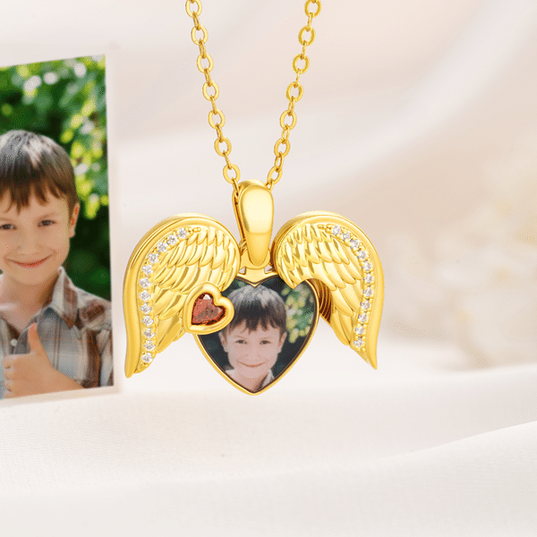 Personalized Angel Wing Heart Birthstone Necklace with Photo Anniversary Birthday Gift for Mom Wife