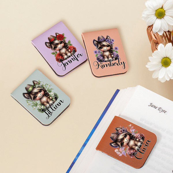 Personalized Cartoon Girl Horse Birth Flower Magnetic PU Leather Bookmark with Name Daily Use Library Bookish Birthday Gift for Girl Book Lover