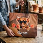 Personlig Highland Cow Birth Flower stor kapasitet Tote Bag med navn Daglig bruk Bursdagsgave til Highland Cow Lovers Cowgirls