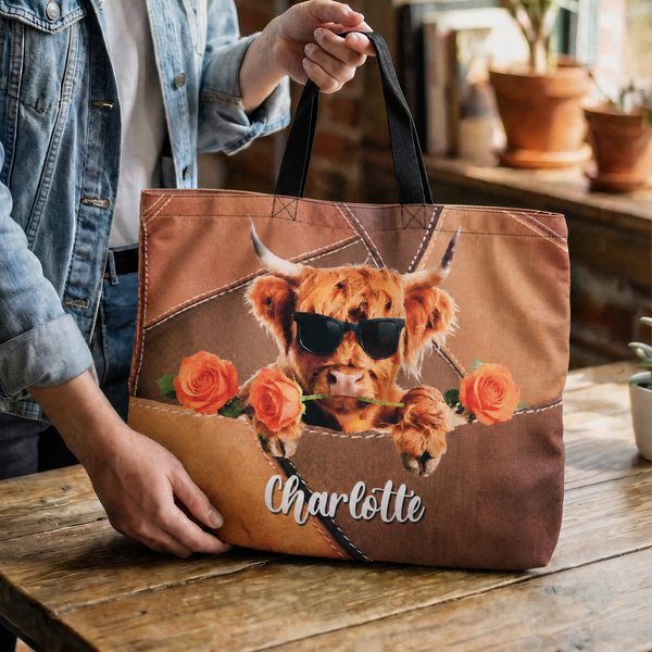 Personalized Highland Cow Birth Flower Large Capacity Tote Bag with Name Daily Use Birthday Gift for Highland Cow Lovers Cowgirls