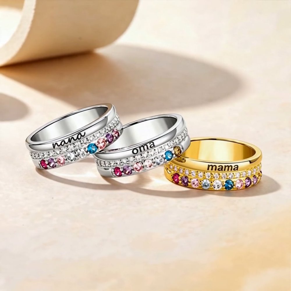 Personalized Family Zircon Ring with 1-10 Birthstones and Engraved Text Women Jewelry Birthday Mother's Day Gift for Mom Grandma 3