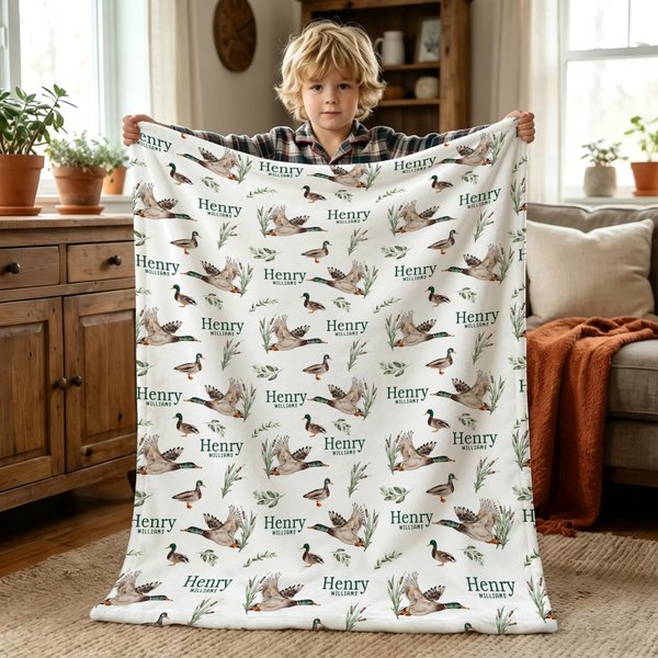 Personalised Watercolor Mallard Duck Pattern Soft Throw Blanket with Name Room Decor Baby Shower Birthday Gift for New Parents Kids