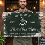 Spersonalizowana wycieraczka Welcome to Coffee z efektem rdzy z rokiem i tekstem Akcesoria do baru kawowego Prezent na otwarcie dla baristy Miłośnika Kawy