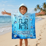 Personalisierte Hai Ozean schnell trocknen Hooded Strandtuch mit Namen und Initialen Outdoor-Aktivitäten Strand Party Geburtstagsgeschenk für Kinder
