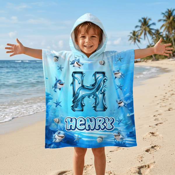 Personalisierte Hai Ozean schnell trocknen Hooded Strandtuch mit Namen und Initialen Outdoor-Aktivitäten Strand Party Geburtstagsgeschenk für Kinder