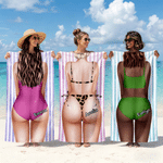 Personalized Multicolour Cartoon Fashion Girl Back View Striped Oversized Quick Dry Beach Towel with Name Beach Party Funny Birthday Gift for Her