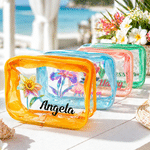 Personalised Neon Birth Flower Clear Makeup Bag with Zipper and Name Waterproof Travel Accessory Birthday Beach Party Gift for Girl