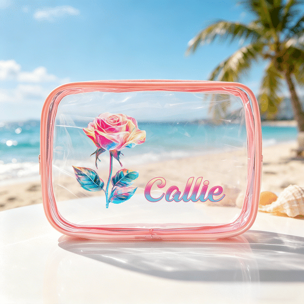 Personalised Neon Birth Flower Clear Makeup Bag with Zipper and Name Waterproof Travel Accessory Birthday Beach Party Gift for Girl